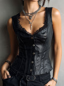 Stylish Black Leather Corset Waistcoat With Lace-Trim