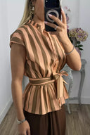 Vintage Contrast Stripe Ruffle Peplum Blouse