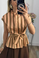 Vintage Contrast Stripe Ruffle Peplum Blouse