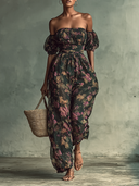 Tuta da donna in chiffon con stampa floreale, fascia a fascia, maniche corte e vita elasticizzata