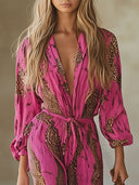 Casual løs rosenrød chiffon jumpsuit med leopardprint og lange ærmer