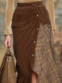Vintage bruine corduroy patchwork geruite rok