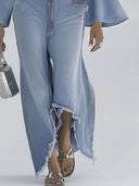 Casual retro lyseblå denim jumpsuit med vidde, lange ærmer og rå kanter