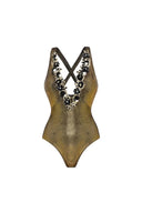 Costume intero dorato con farfalla scintillante