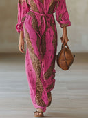 Casual løs rosenrød chiffon jumpsuit med leopardprint og lange ærmer