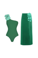 Costume da bagno verde monospalla con fiori 3D