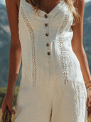 Dame hvid linned ærmeløs seler jumpsuit med knapper og blonde-design