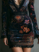 Boho bloemenprint V-hals fluwelen bodycon mini-jurk met kanten rand