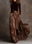 Elegant Turtleneck Velvet Top & Leopard Print Long Skirt Set With Belt