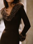 Elegant Chocolate Faux Fur Collar And Cuffs Knit Mini Dress