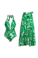 Costume intero verde con scollo profondo a V e spalline all'americana