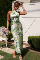 Rochie midi din satin Gill, cu imprimeu, decolteu halter și spate gol