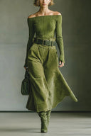 Olive green off-shoulder top and faux suede skirt set（Includes belt）