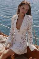 Deep V Tie Front Floral Lace Flare Sleeve Mini Dress