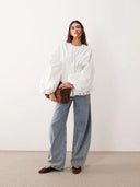 Pintuck Open-Back Peplum Blouse