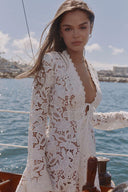 Deep V Tie Front Floral Lace Flare Sleeve Mini Dress