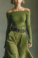 Olive green off-shoulder top and faux suede skirt set（Includes belt）