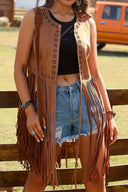 Top cardigan con frange e cut-out