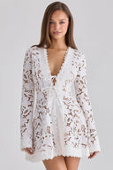 Deep V Tie Front Floral Lace Flare Sleeve Mini Dress