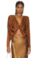 Brown Satin Twisted Draped Crop Top