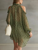 Green Polka Dot Cold Shoulder Mini Dress With Ruffled Neckline