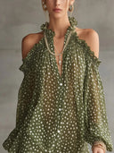 Green Polka Dot Cold Shoulder Mini Dress With Ruffled Neckline