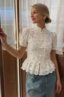 Kanten blouse met opstaande kraag