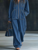 Casual løs retro denim jumpsuit med lommer, hætte, lynlås og lange ærmer