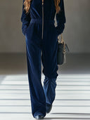 Casual løs vintage kordfløjl jumpsuit med elastisk talje og lynlås