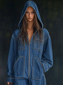 Casual løs retro denim jumpsuit med lommer, hætte, lynlås og lange ærmer