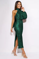 Abito midi asimmetrico Judith con paillettes e collo halter