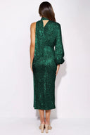 Abito midi asimmetrico Judith con paillettes e collo halter