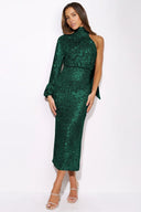 Abito midi asimmetrico Judith con paillettes e collo halter