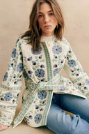 Veste décontractée à fleurs de rue avec lacets, boutons, patchwork et col rond