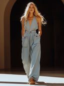 Casual retro gråblå Tencel denim overalls med lommer
