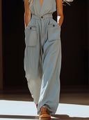 Casual retro gråblå Tencel denim overalls med lommer