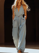Salopette casual retrò grigio-blu in denim Tencel con tasche