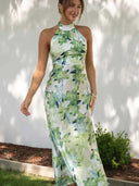 Vestito midi in raso stampato Gill con scollo halter e schiena scoperta