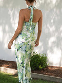 Vestito midi in raso stampato Gill con scollo halter e schiena scoperta