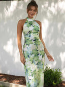 Vestito midi in raso stampato Gill con scollo halter e schiena scoperta